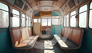 Interior of an old train. 3D render. Vintage style.