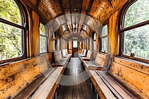 Interior of an old train carriage in the forest. Old railway carriage.