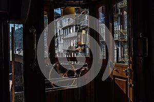 Interior of an old vintage tram still in service in the city of Porto, Portugal