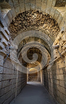 Interior of one of the entrances to the stands and stage of the ancient Roman Theater of Merida, with a vaulted ceiling of stones