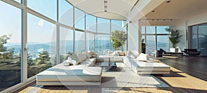 Interior of open space minimalist living room in luxurious villa. Soft natural hues, organic shapes, giant indoor plants