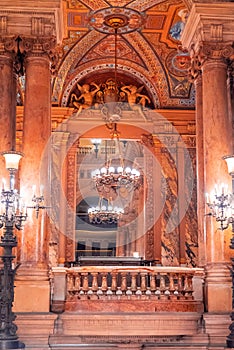 Paris, France - November 14, 2019: Interior of the Opera National de Paris Garnier lobby of the main staircase