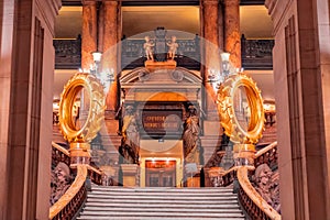 Paris, France - November 14, 2019: Interior of the Opera National de Paris Garnier lobby of the main staircase