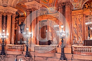 Paris, France - November 14, 2019: Interior of the Opera National de Paris Garnier lobby of the main staircase