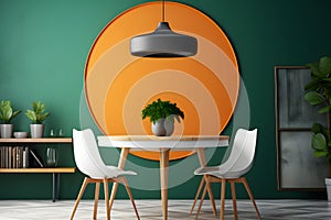 interior in orange and green khaki colors. Neural network AI generated