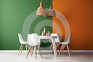 interior in orange and green khaki colors. Neural network AI generated