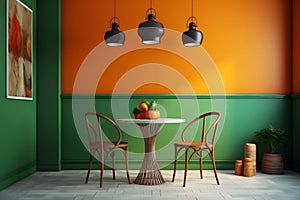 interior in orange and green khaki colors. Neural network AI generated