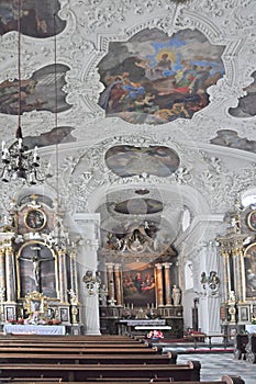 The interior of the ornate Spitalskirche the Catholic Church in Innsbruck