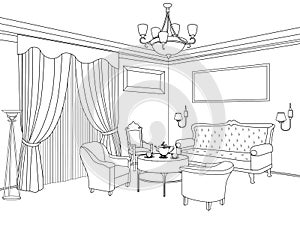 Interior outline sketch. Furniture. Architectural design