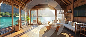 Interior of an overwater bungalow with stunning view on tropical island