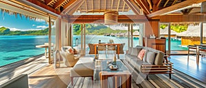 Interior of an overwater bungalow with stunning view on tropical island