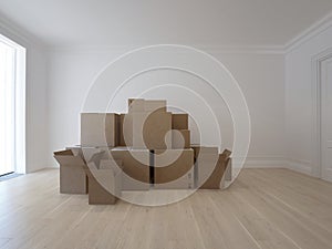 Interior with packed cardboard boxes for moving to a new place. 3d image