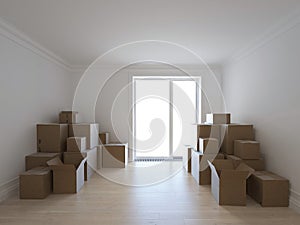 Interior with packed cardboard boxes for moving to a new place. 3d image