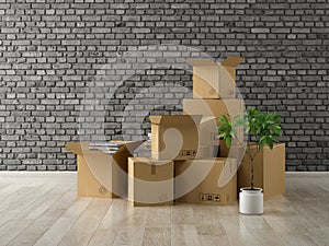 Interior with packed cardboard boxes for relocation 3D rendering