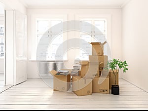 Interior with packed cardboard boxes for relocation 3D rendering
