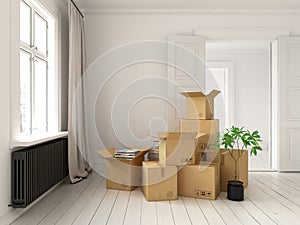 Interior with packed cardboard boxes for relocation 3D rendering