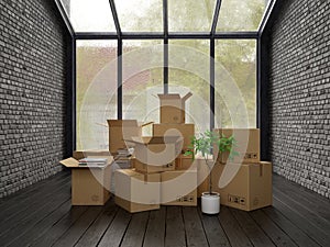 Interior with packed cardboard boxes for relocation 3D rendering