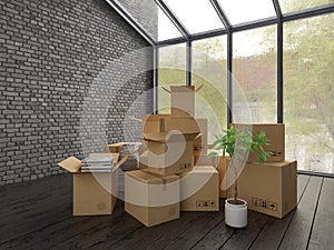 Interior with packed cardboard boxes for relocation 3D rendering