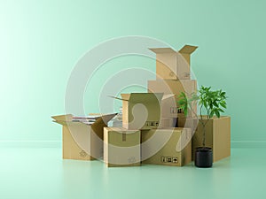 Interior with packed cardboard boxes for relocation 3D rendering