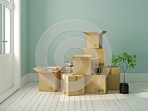 Interior with packed cardboard boxes for relocation 3D rendering photo
