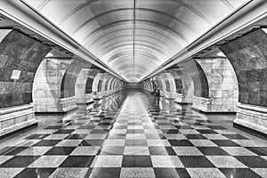 Interior of Park Pobedy subway station in Moscow, Russia