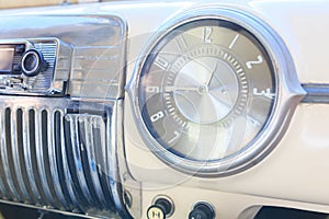 Interior part, dashboard of an old Soviet classic car Pobeda.