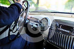 Interior part, dashboard of an old Soviet classic car Pobeda.