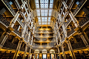 The interior of the Peabody Library, in Mount Vernon, Baltimore, Maryland.