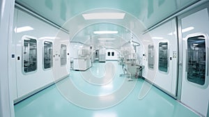 Interior of Pharmaceautical clean room, industrial design for large scale chemical production in controlled sterile conditions