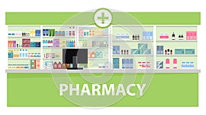 The interior of the pharmacy. The buyer with the goods stands near the pharmacist. Vector illustration.