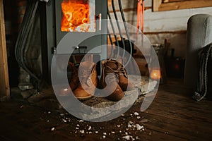 Interior photo of a mountainhouse fireplace. Cozy fireplace