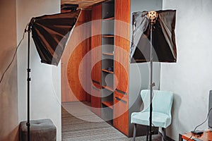 Interior of photo studio with modern equipment. Photography studio softboxes.