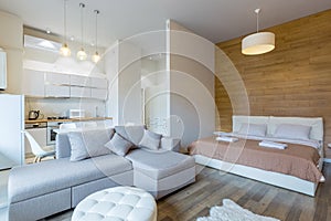 Interior photography luxury kitchen studio in loft style room in white, with kitchen furniture luxury