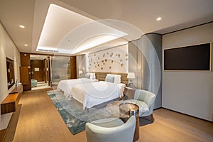 Interior photography, modern hotel room, in modern style, Interior architecture on the example of a bedroom