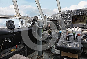 Interior of pilot`s cabin of an abandoned small propeller plane