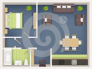 Interior plan top view. Realistic appartment livingroom bathroom badroom furniture table wardrobe sofa chairs tables