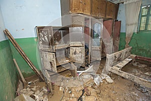 Interior of poor African house following flooding disaster