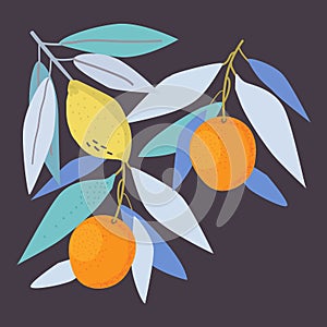 Interior poster, lemon, oranges, branches and leaves on a dark background,gouache effect, vector illustration