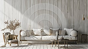 Interior poster mock up with horizontal empty wooden frame,Scandinavian style. Ai Generative