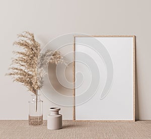 Interior poster mock up with vertical frame on the floor in Scandinavian home interior. photo