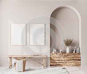 Interior poster mock up with vertical wooden frames, wooden bench, rattan basket and stylish home accessories