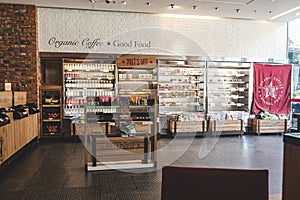 Interior of the Pret a Manger cafe on Sheldon Square, London