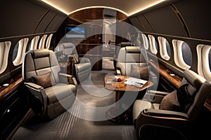 Interior of a private jet with leather seats and armchairs, luxurious private jet interior exuding elegance and comfort, AI