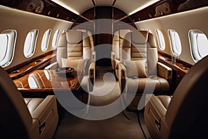 Interior of a private plane with leather seats and seats in the cabin, nterior of luxurious private jet with leather seats, AI photo
