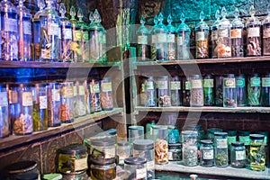 Interior of professor Snape magic jags collection. Decoration Warner Brothers Studio for Harry Potter filmStudio