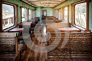 Interior of railway passenger carriage. Vintage atmosphere. Wooden benches and historic railway design