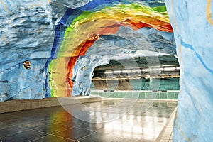 Interior of rainbow painted subway of famous underground Stadion station