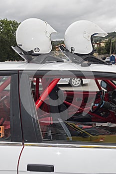 INTERIOR OF A RALLY CAR and helmets