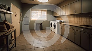 Interior of a real laundry room with a washing machine at the window at home