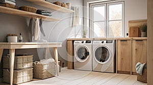 Interior of a real laundry room with a washing machine at the window at home. Generative Ai